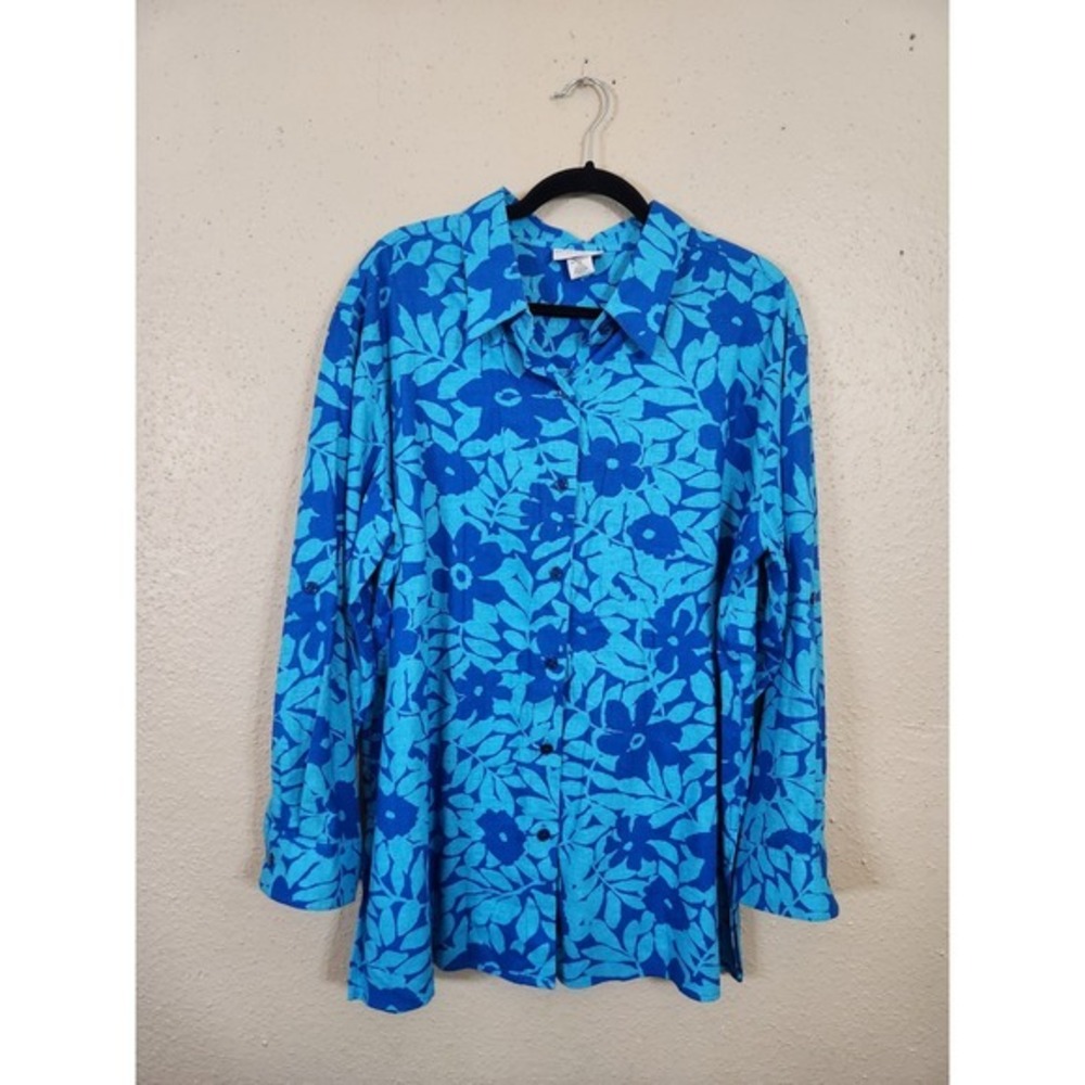 Jaclyn Smith Floral Button DownRoll Tab Sleeve Blouse Linen Blue Plus Size 18